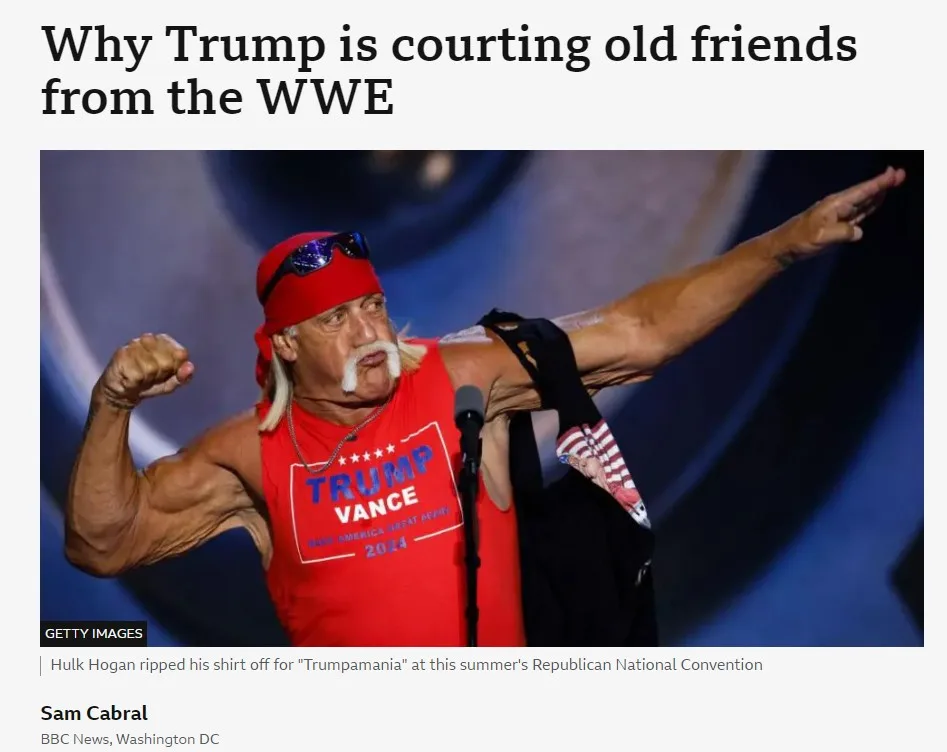 A muscular man with a white mustache, wearing a red tank top that says 'TRUMP VANCE 2024' and a red bandana with sunglasses…