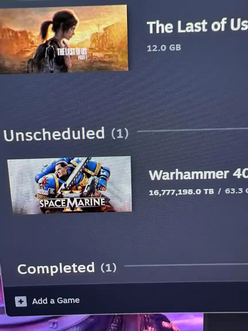 A screenshot of a game library interface shows 'The Last of Us Part I' as unscheduled with 12.0 GB, and 'Warhammer 40,000…