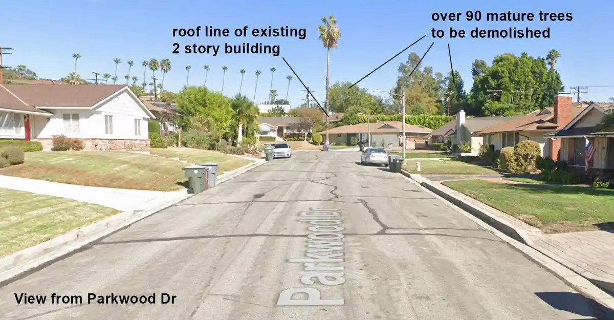 A street view from Parkwood Dr shows a residential neighborhood with houses, palm trees, and cars. Overlaid text points to…