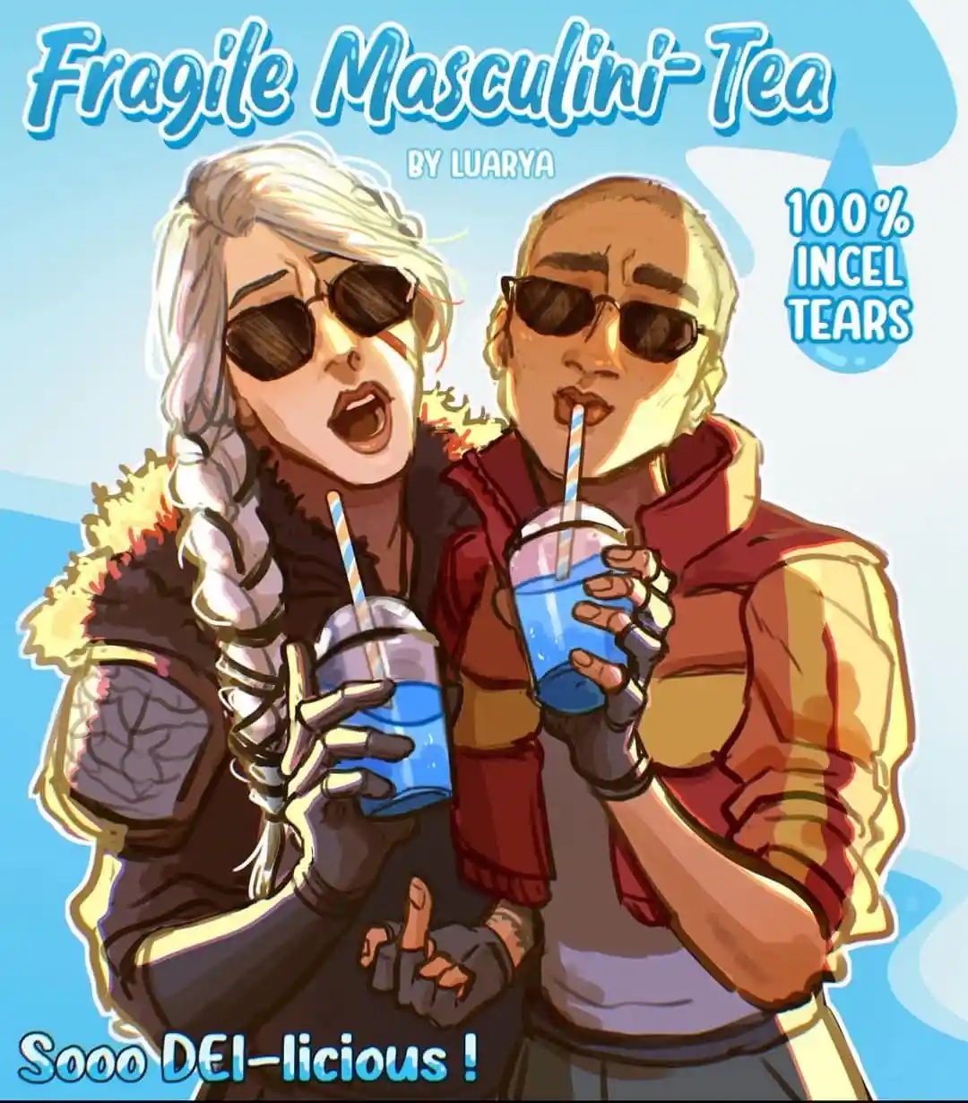 Two cartoon characters, one with white braided hair and the other with shaved head, both wearing sunglasses and holding blue…