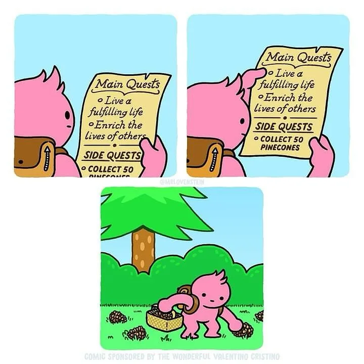 A three-panel comic shows a pink, furry creature holding a quest list. In the first panel, the list shows 'Main Quests: Live…
