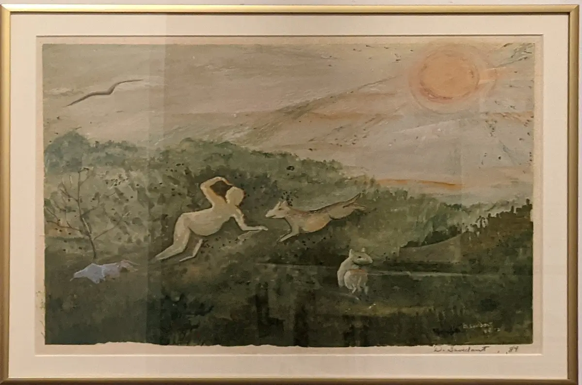 A framed watercolor painting depicts a surreal landscape with a human-like figure and a fox running side-by-side, a small…