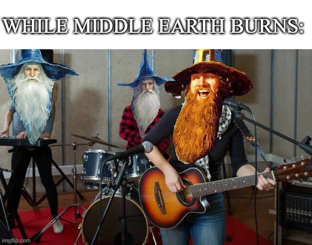 Three musicians are performing on stage with instruments, but their heads have been replaced with images of fantasy…