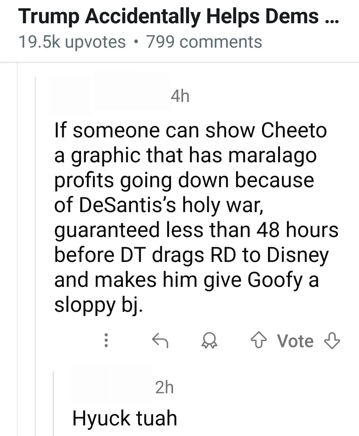 The image shows a Reddit comment thread with a user's post asking for someone to show Cheeto a graphic about declining…