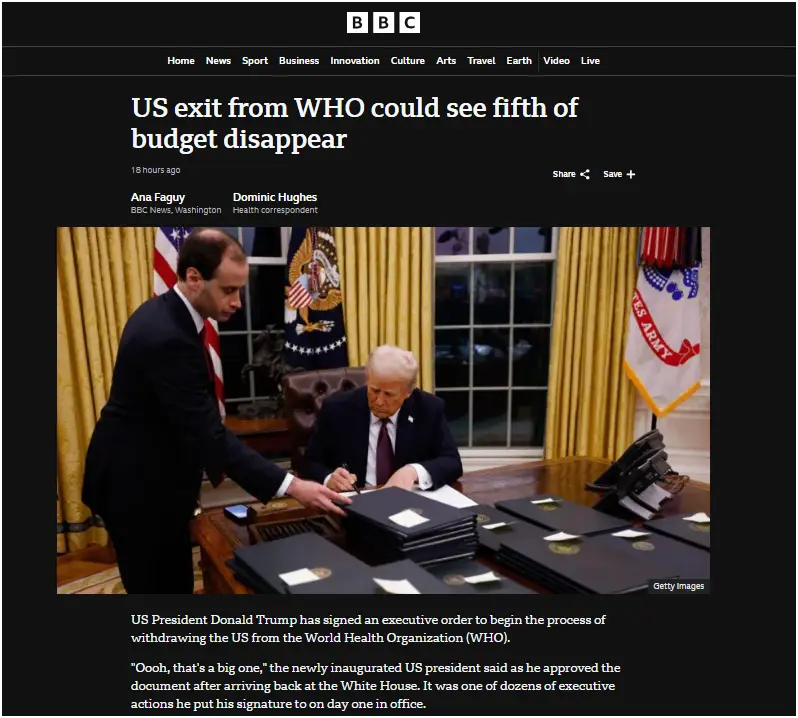 A screenshot of a BBC news article about the US exit from WHO shows President Donald Trump signing documents at his desk…