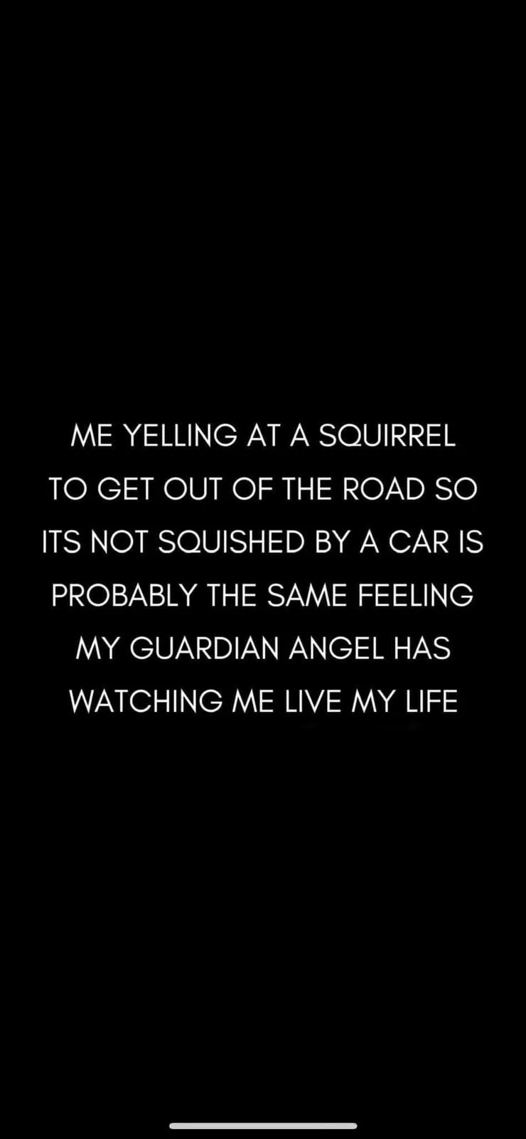 The image is a black background with white text that reads: 'ME YELLING AT A SQUIRREL TO GET OUT OF THE ROAD SO ITS NOT…