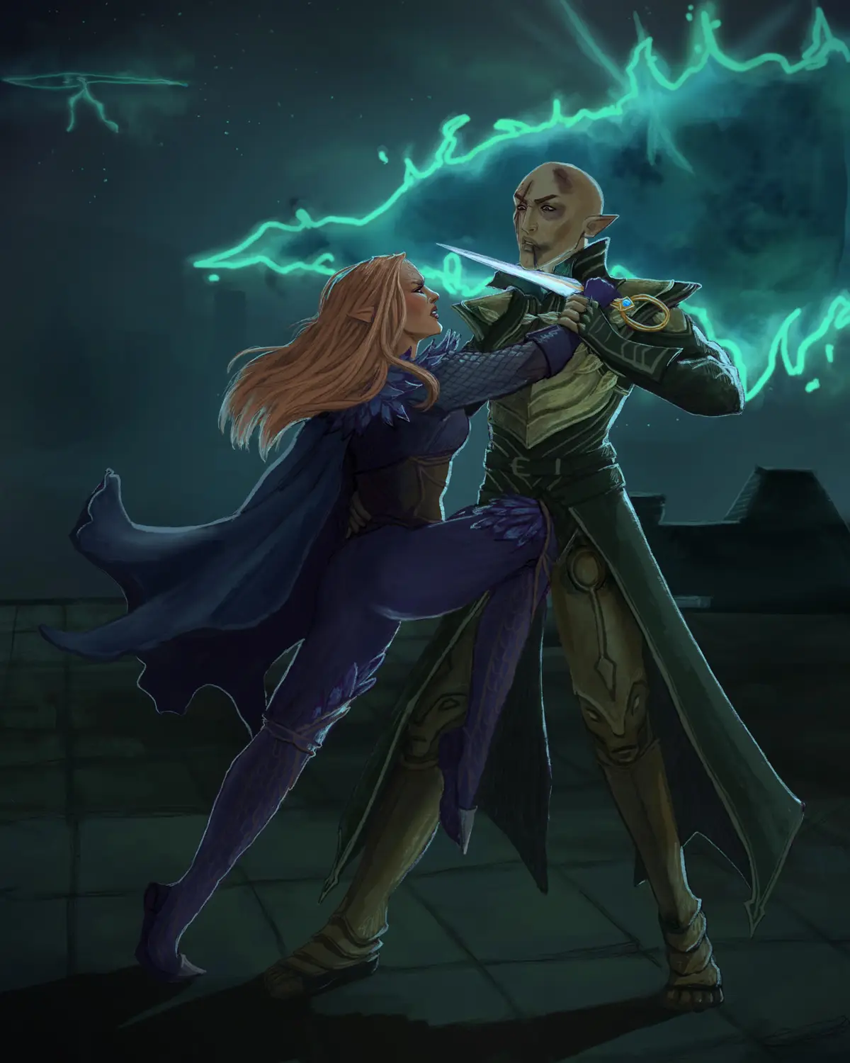 A fantasy illustration depicts a female elf in purple armor and a cape, kicking a male elf in green armor while holding a…
