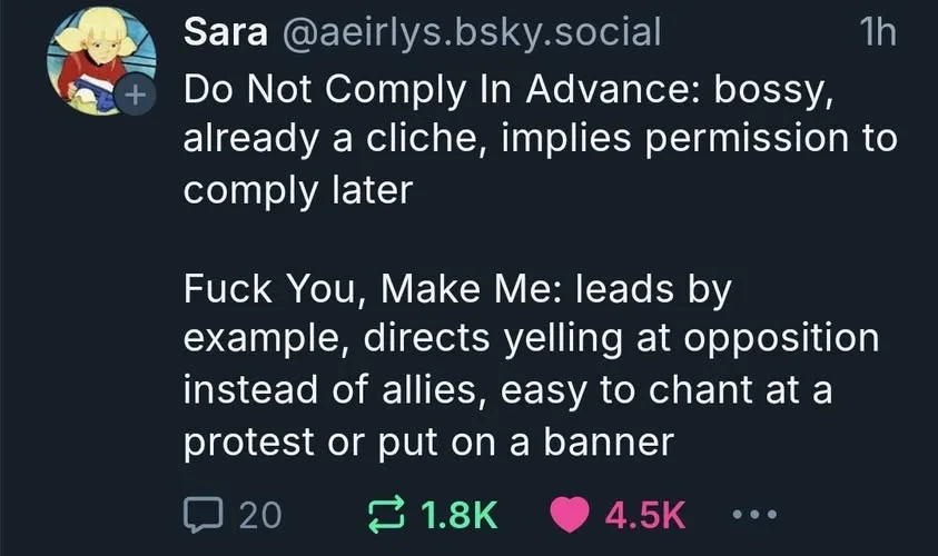A screenshot of a social media post by 'Sara @aeirlys.bsky.social' comparing two phrases. The post explains 'Do Not Comply…