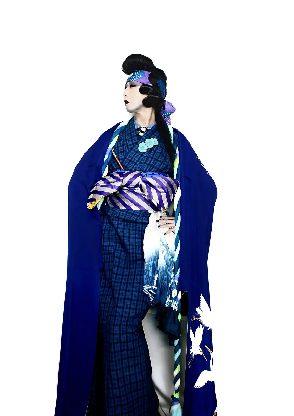 A person in elaborate traditional Japanese attire, including a blue kimono with crane patterns, a purple and white striped…