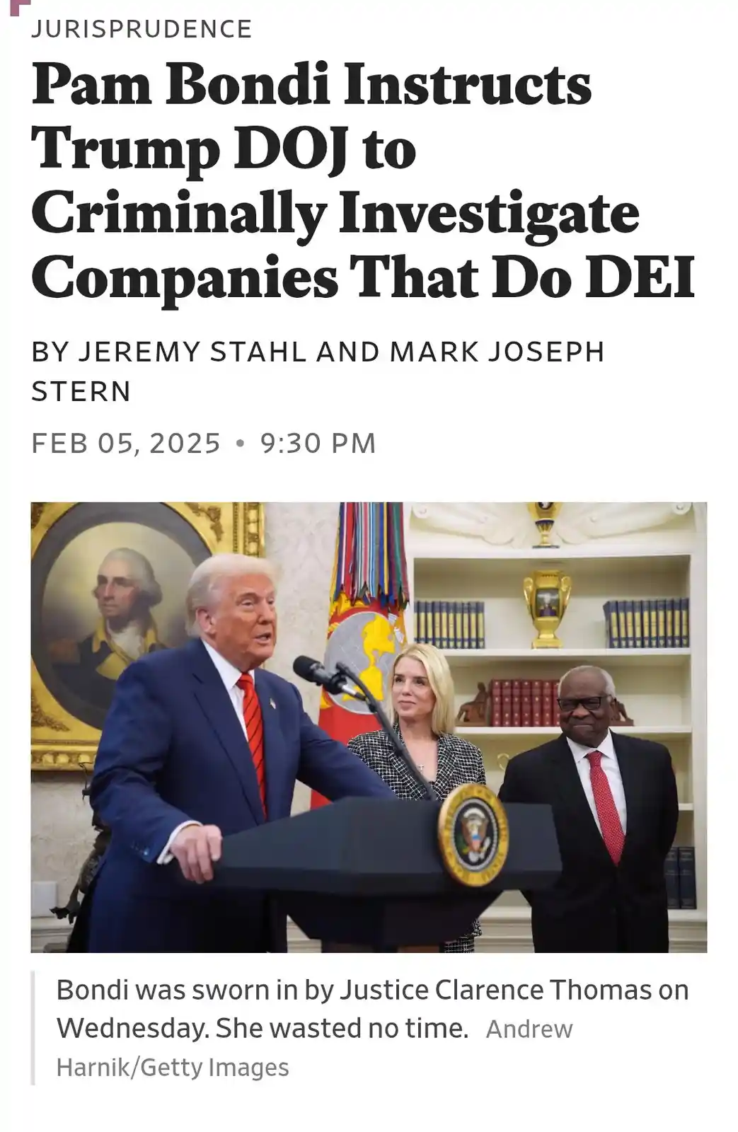 A fake news article header reads 'Pam Bondi Instructs Trump DOJ to Criminally Investigate Companies That Do DEI' by Jeremy…