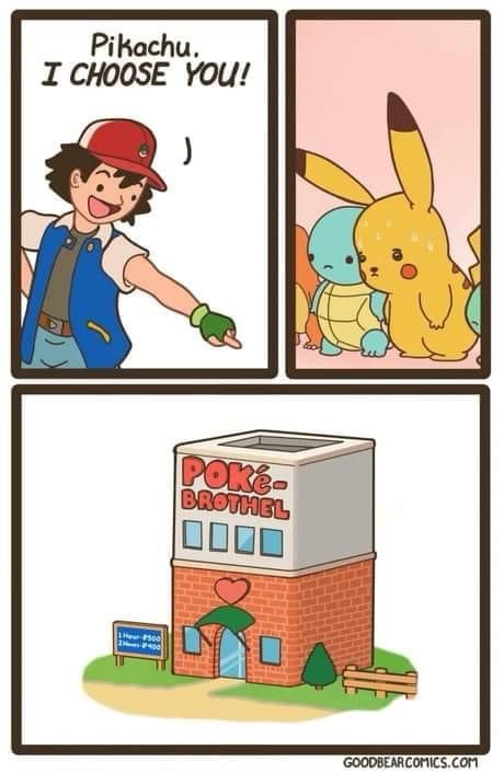 The image is a three-panel comic. The top left panel shows Ash Ketchum yelling 'Pikachu. I CHOOSE YOU!' while pointing at…