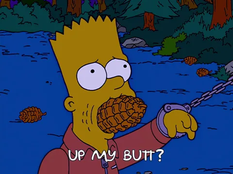 The image shows Bart Simpson from The Simpsons, with a pinecone stuck in his mouth, holding a chain attached to his wrist…