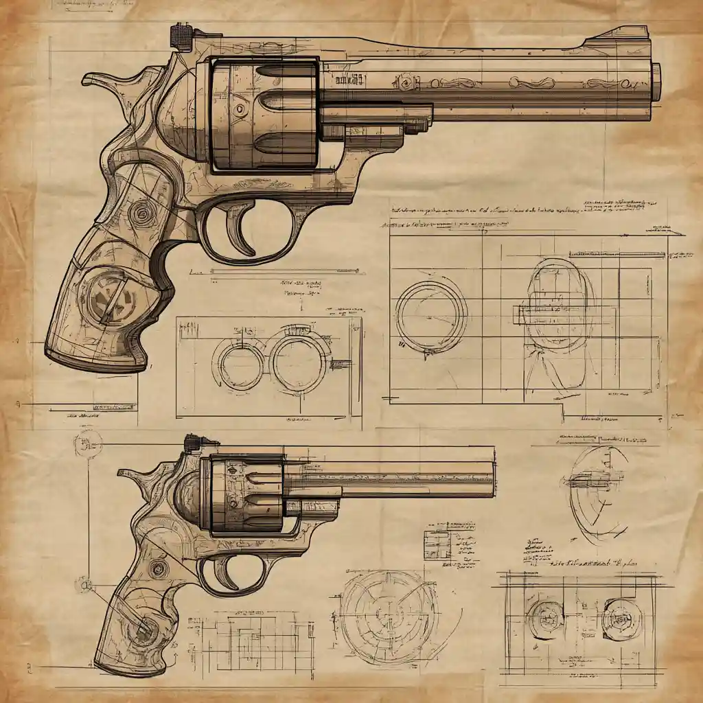 The image displays detailed technical blueprints of a revolver on aged parchment paper, featuring multiple views including…