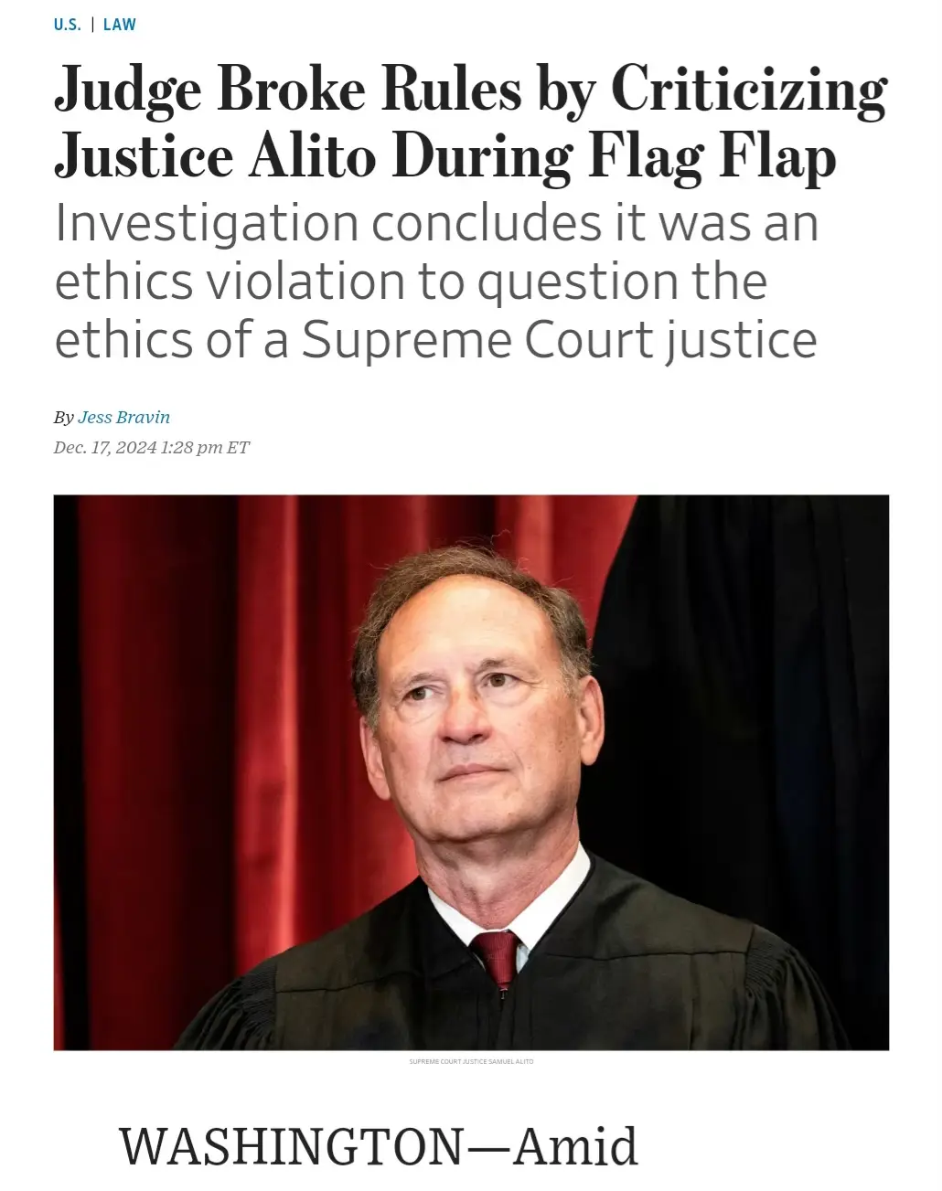 A screenshot of a news article headline about a judge being found to have violated ethics rules by criticizing Supreme Court…