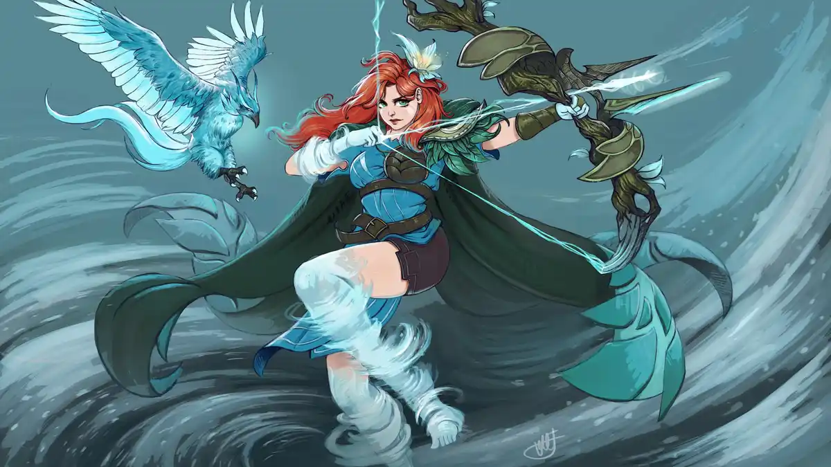 A fantasy illustration shows a red-haired woman with green eyes, wearing a blue top, brown shorts, and a dark green cape…