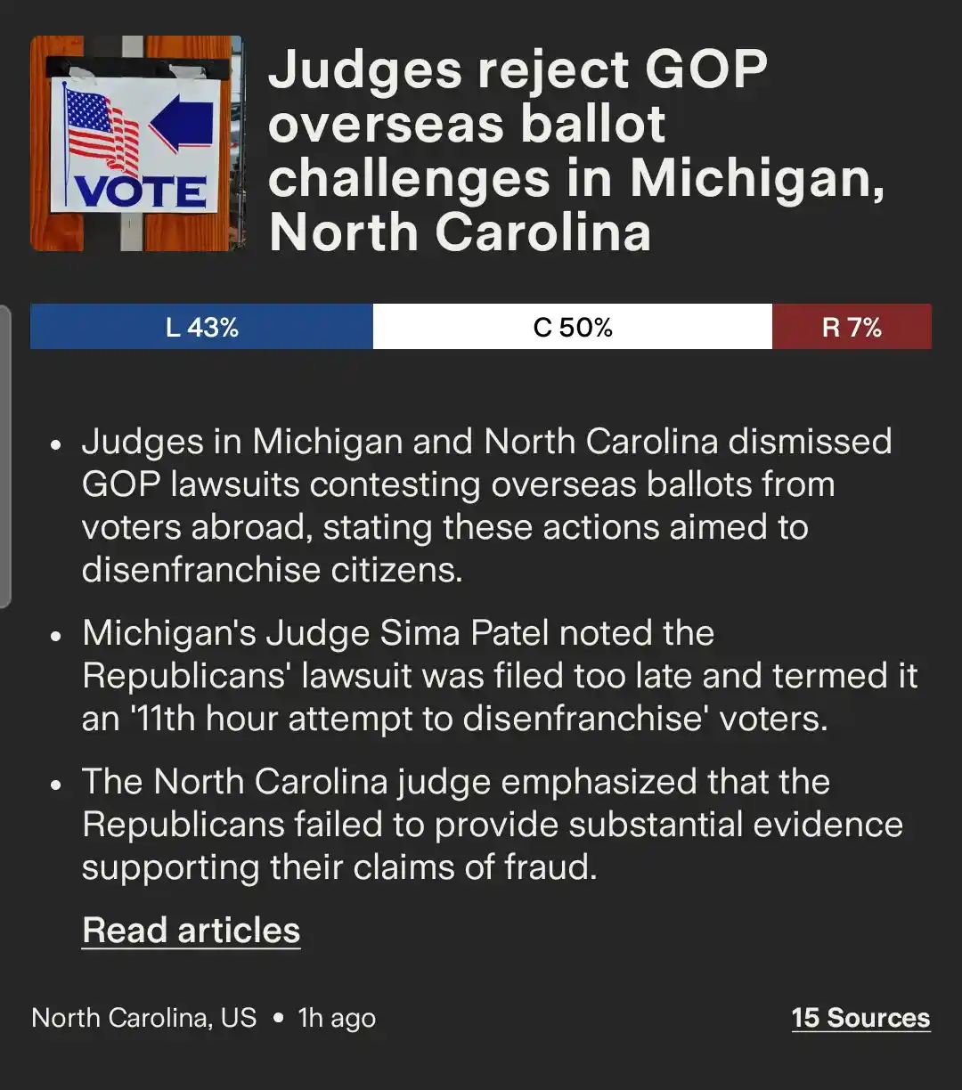 A screenshot of a news article with a 'VOTE' sign featuring an American flag and arrow in the top-left corner. The headline…
