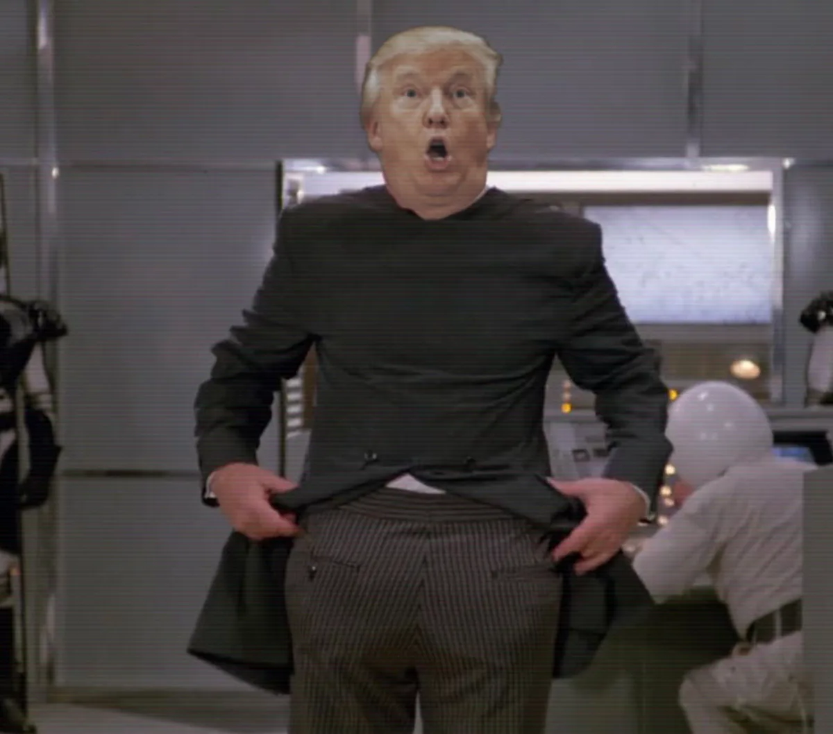 A man with a digitally altered face resembling Donald Trump stands in a futuristic control room, pulling open his suit…