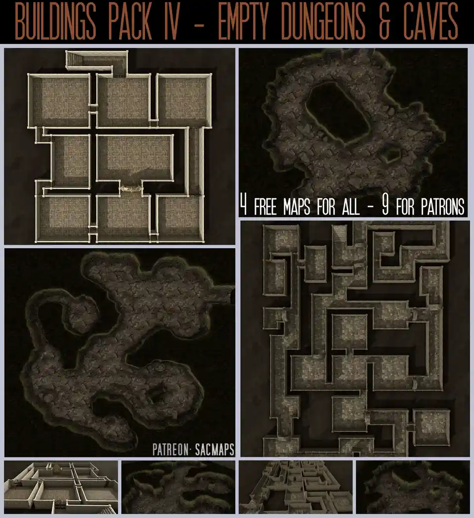 The image displays a promotional collage for 'Buildings Pack IV - Empty Dungeons & Caves' by 'SACMAPS', showing various…