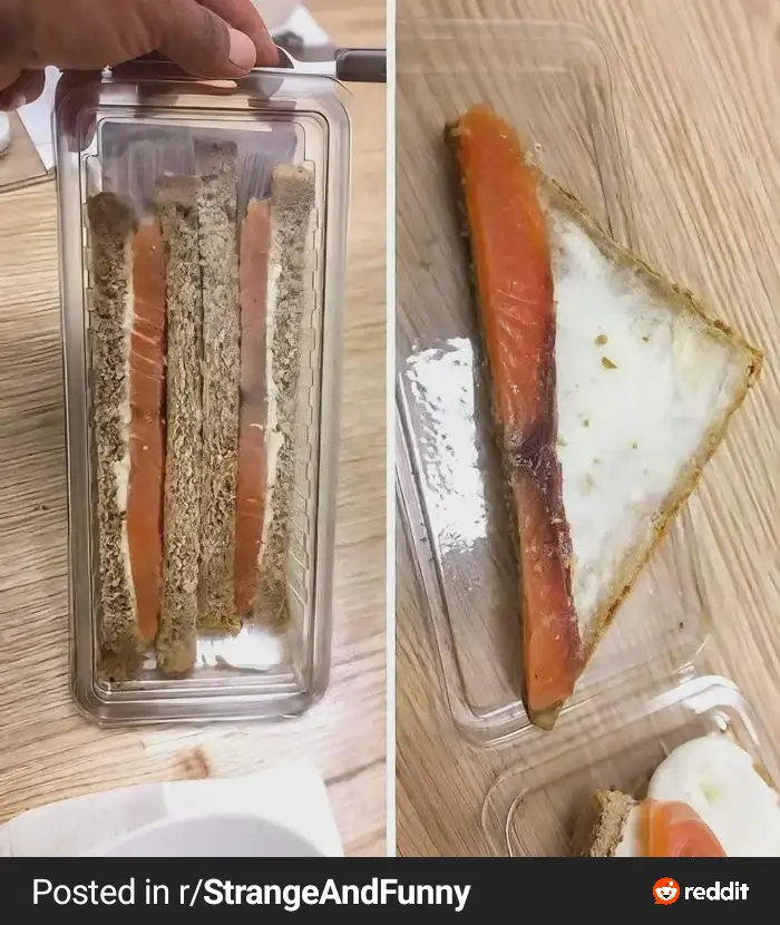 A split image shows a sandwich in a clear plastic container: left side shows three neatly stacked salmon and cream cheese…