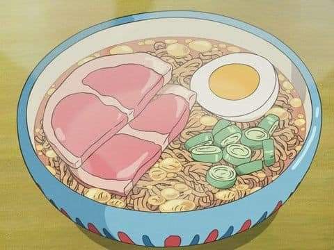 a cartoon illustration of a steaming bowl of ramen featuring three thick slices of pink pork, a perfectly cooked soft-boiled…