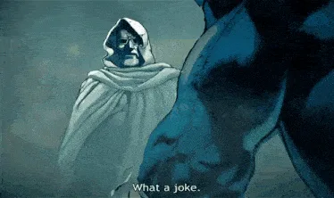 A comic book panel sequence shows a cloaked figure saying 'What a joke.' as a robotic arm grabs a small green object, then…