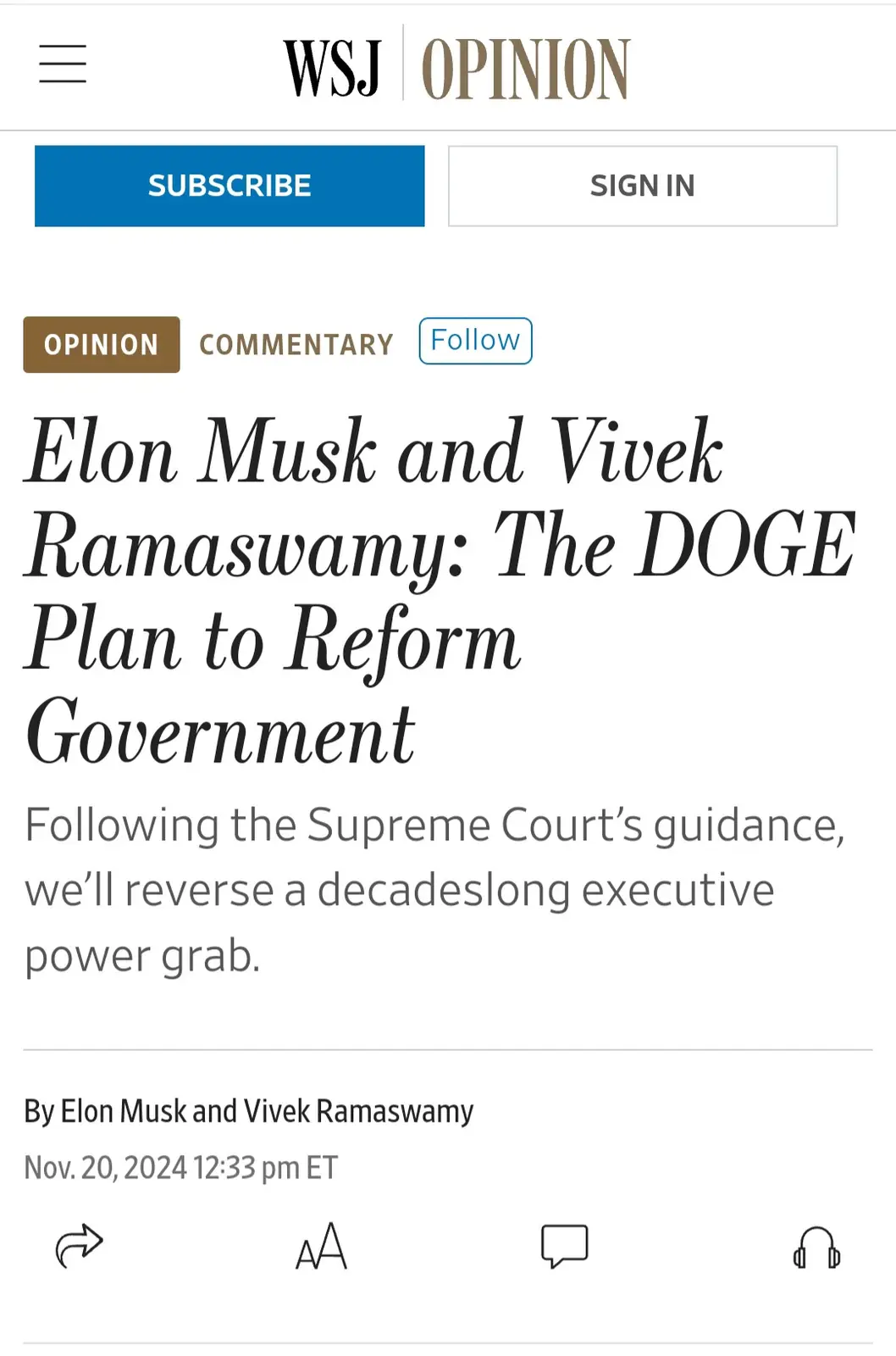 A screenshot of a Wall Street Journal Opinion article titled 'Elon Musk and Vivek Ramaswamy: The DOGE Plan to Reform…