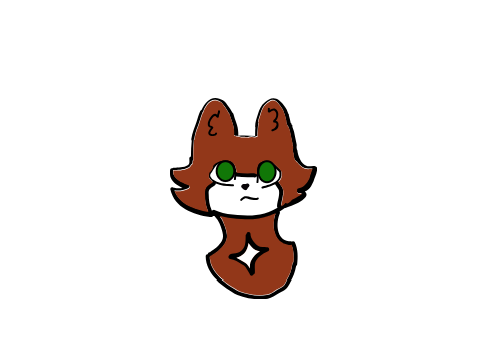 A simple cartoon drawing of a brown, fox-like creature with green eyes and a white muzzle, looking slightly annoyed or…