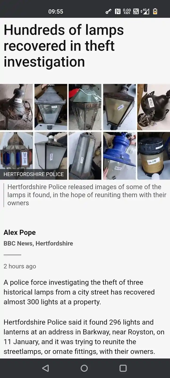 A screenshot of a BBC News article shows a grid of 10 images of various ornate, vintage-style street lamps and lanterns…