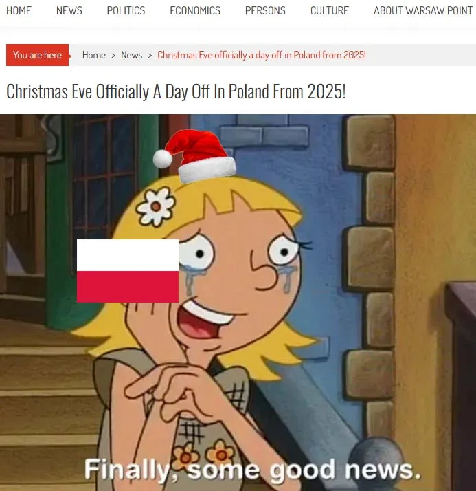 A cartoon girl with blonde hair, wearing a red Santa hat and a white-and-red Polish flag over her left eye, is crying tears…