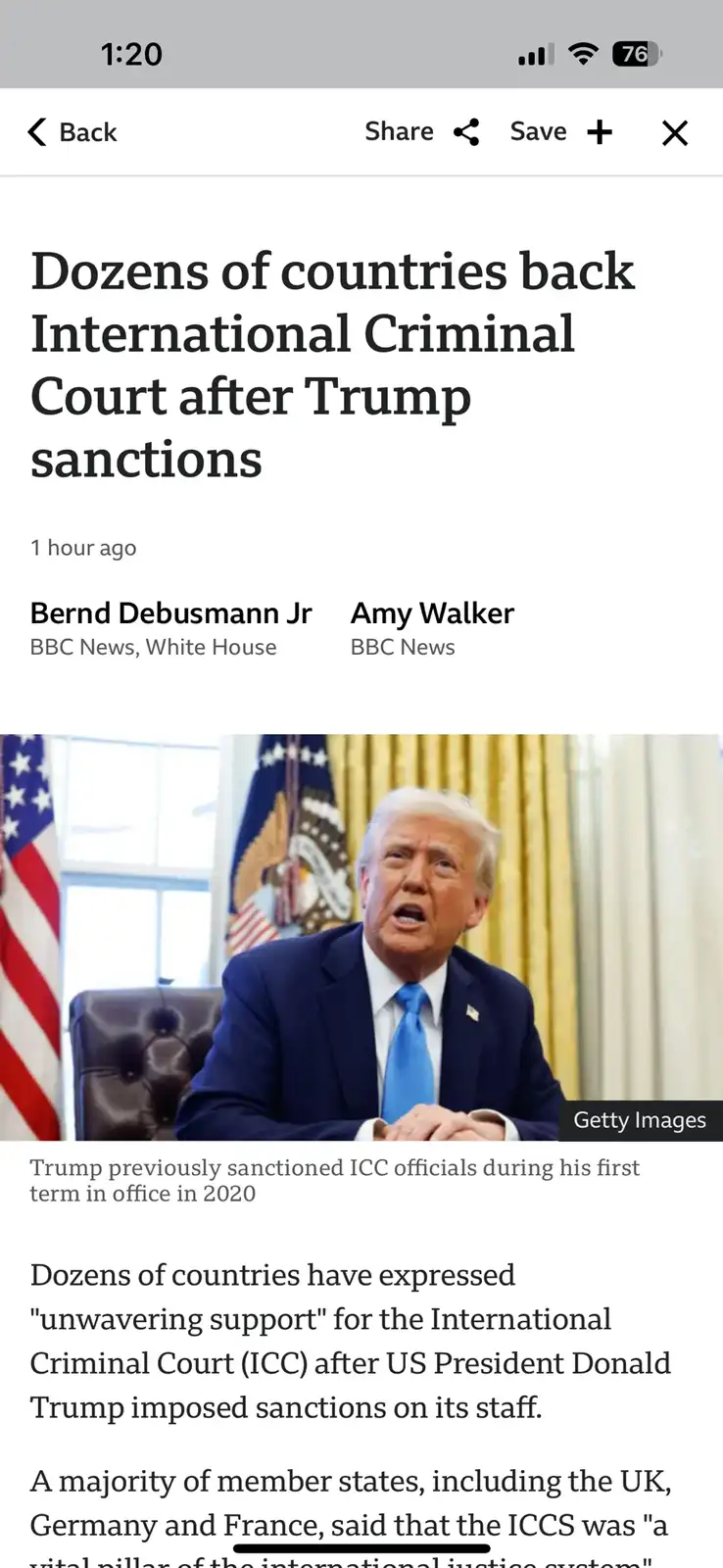 A screenshot of a BBC News article headline about countries supporting the ICC after Trump sanctions, overlaid with a photo…