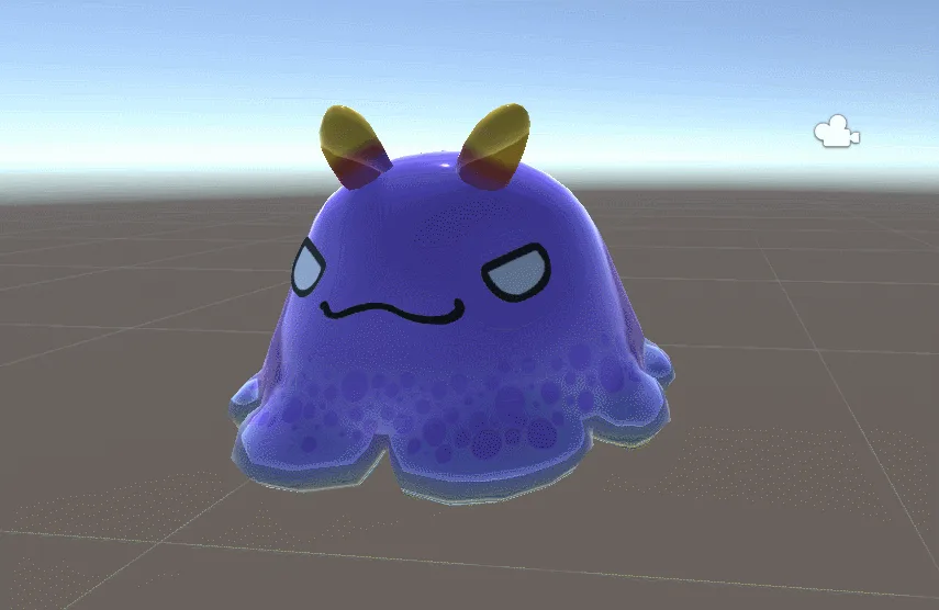 A purple, cartoonish creature with two yellow horns and a winking face is shown in six different 3D modeling views. The top…