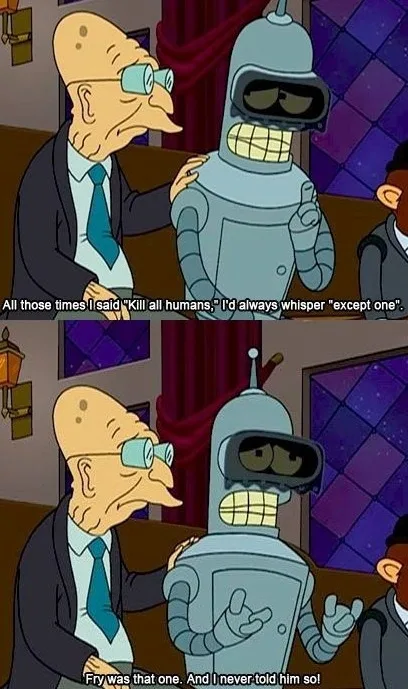 Two-panel cartoon meme from 'Futurama' showing a bald man in a suit comforting a robot. In the top panel, the man says, 'All…
