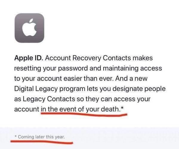 An Apple support page screenshot showing text about 'Digital Legacy' and 'Legacy Contacts' for account access after death…