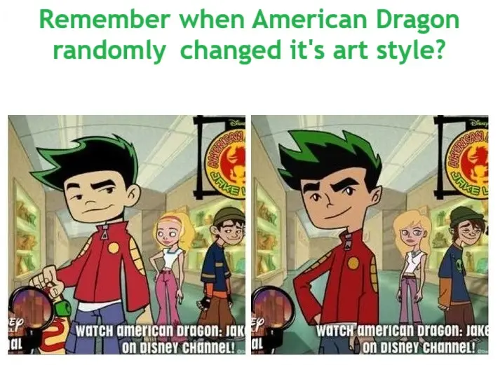 The image displays two side-by-side panels from the Disney Channel show 'American Dragon: Jake Long'. The left panel shows…