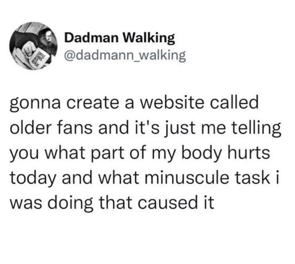 A screenshot of a tweet from user 'Dadman Walking' (@dadmann_walking) shows a black-and-white profile picture of a man…