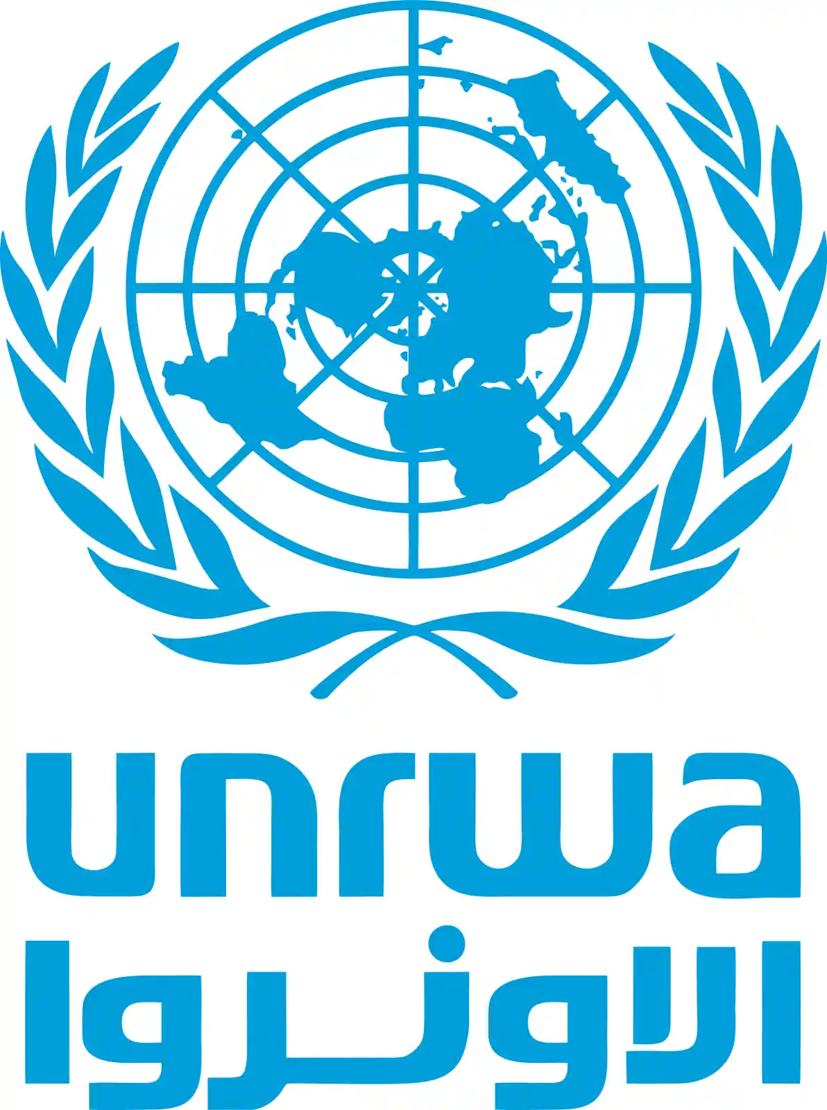 The image displays the official logo of UNRWA, featuring a blue globe with grid lines and olive branches flanking it, set…