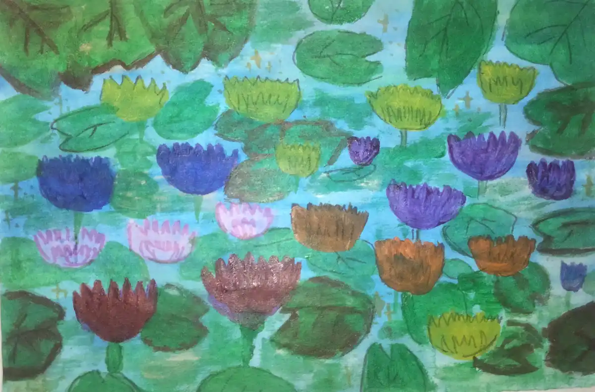 A child's crayon drawing depicts a pond filled with green lily pads and water lilies in various stages of bloom, colored in…