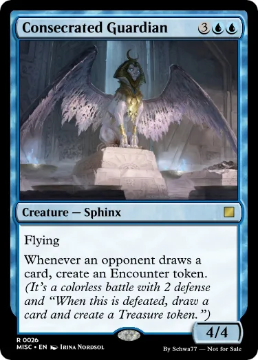 A Magic: The Gathering card named 'Consecrated Guardian' depicts a sphinx with large wings and a golden body standing on a…