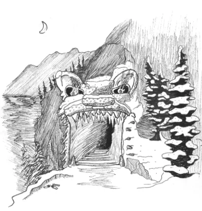 A black-and-white sketch depicts a monstrous, snow-covered cave entrance shaped like a snarling beast with sharp teeth and…