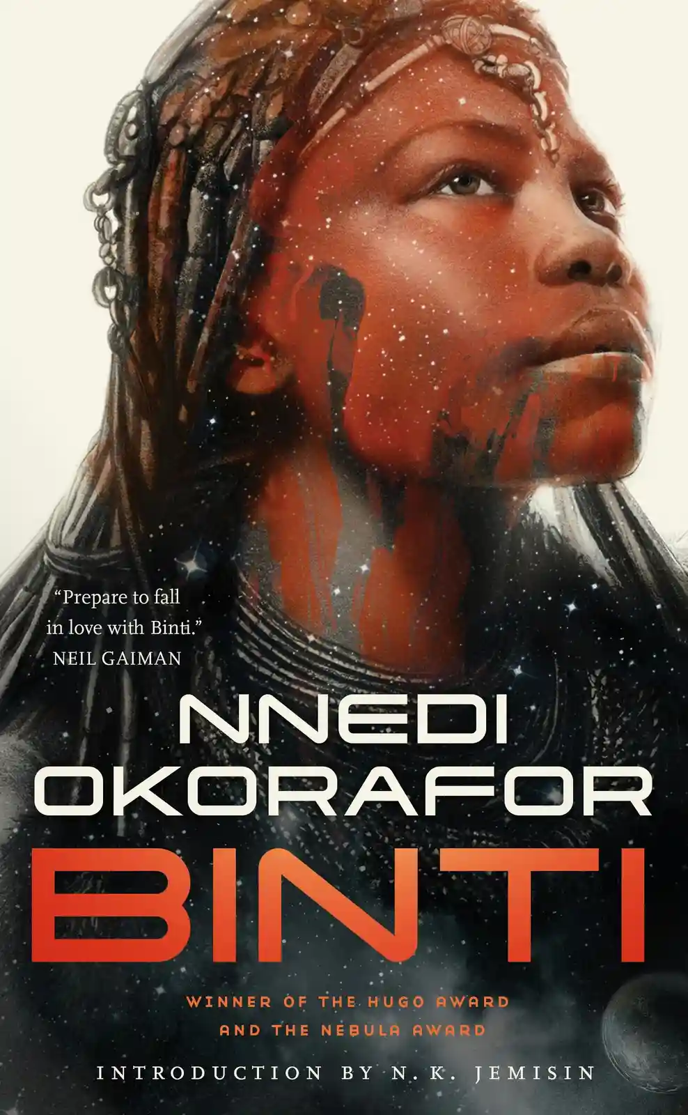 The image is the cover of the book 'Binti' by Nnedi Okorafor, featuring a young woman with braided hair and a headpiece, her…