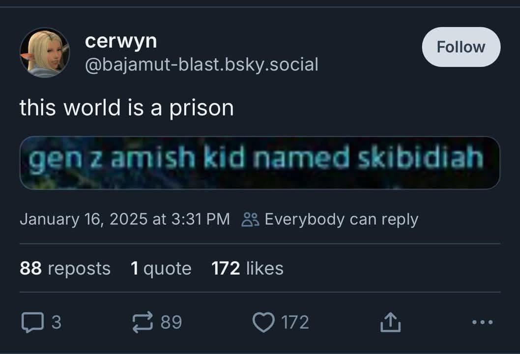A screenshot of a social media post by user 'cerwyn' with the text 'this world is a prison' above a blurred image with faint…