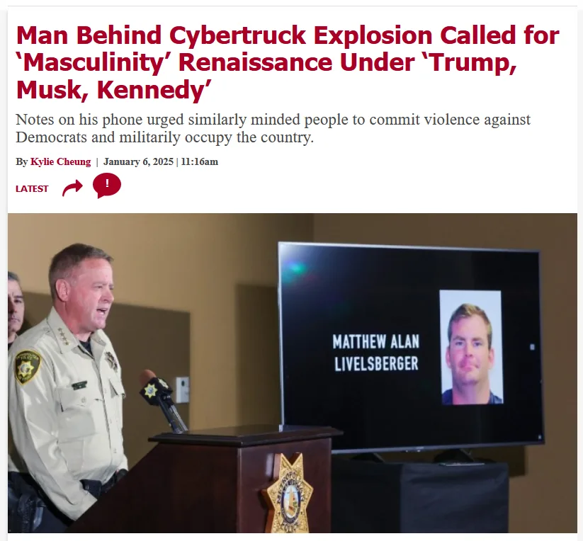 A screenshot of a news article headline about Matthew Alan Livelsberger, a man linked to the Cybertruck explosion, who…