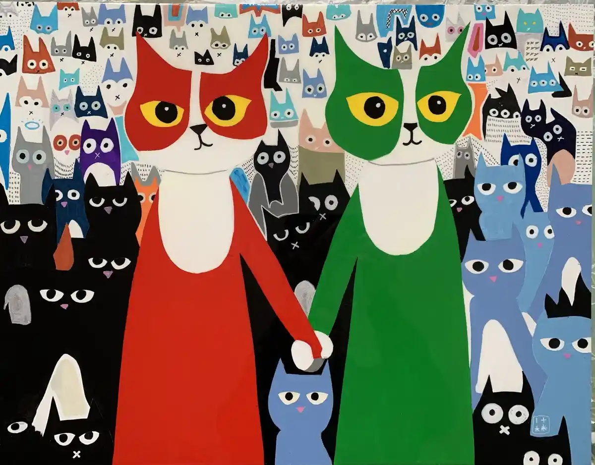 A colorful illustration shows two large, stylized cats—one red and one green—holding hands and standing in front of a dense…