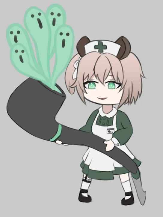 A chibi-style anime girl in a green and white nurse outfit with brown horns and a nurse's cap holds a large black pipe. From…