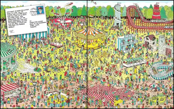 A two-page spread from the 'Where's Waldo?' book, depicting a bustling, colorful fairground filled with hundreds of tiny…
