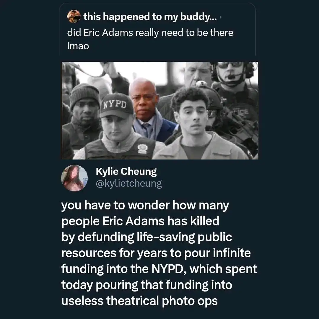 A black-and-white photo shows a young man flanked by NYPD officers and other figures, including a man in a suit identified…