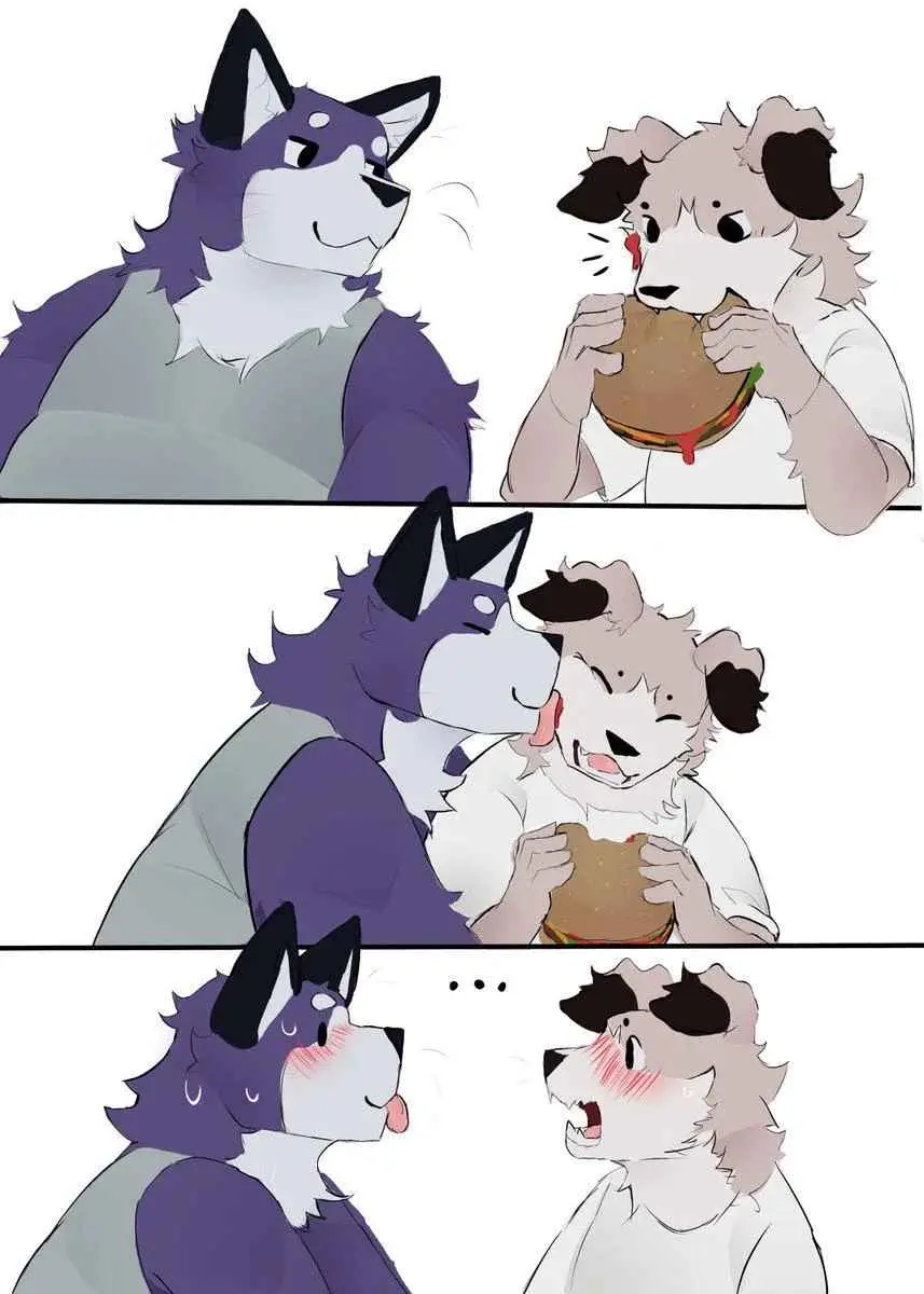 A three-panel comic shows a purple-furred wolf watching a fluffy white dog eat a burger. The wolf then kisses the dog on the…
