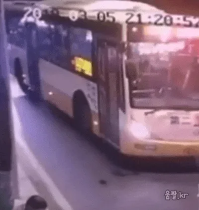 A security camera sequence shows a bus stopping at a crosswalk. A scooter rider approaches, stops abruptly, and dismounts…