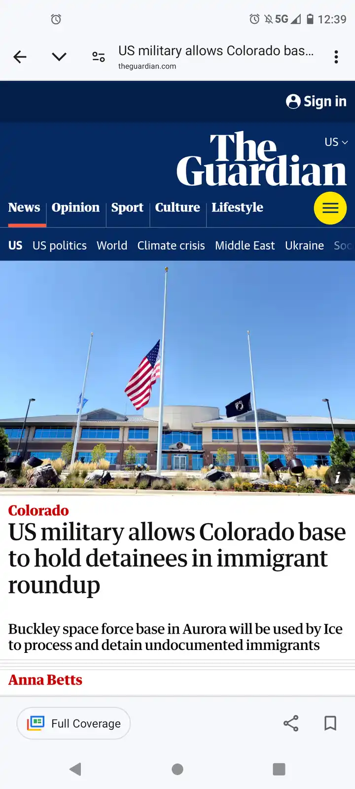 A screenshot of a The Guardian news article headline about the US military allowing a Colorado base to hold immigrant…