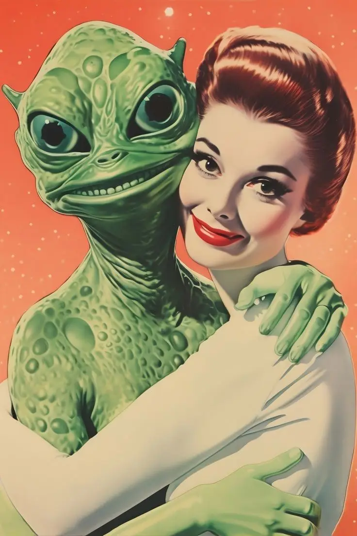 A vintage-style illustration shows a green-skinned alien with large eyes and a friendly grin hugging a smiling woman with…